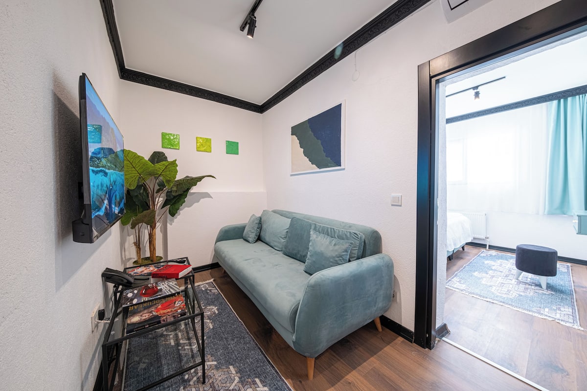 A living room with a sofa, a TV mounted on the wall, a plant, and a small table with magazines.