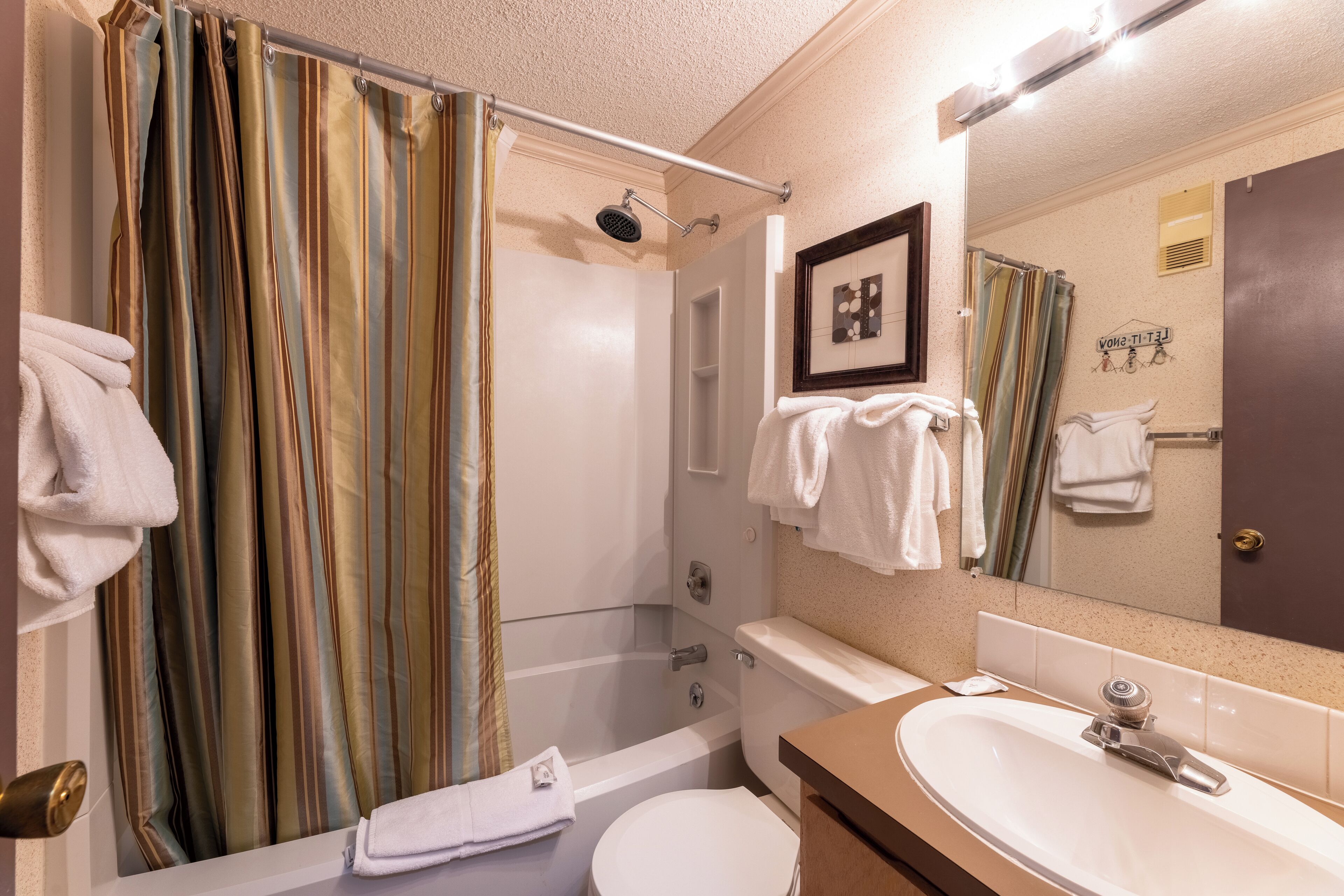 Baño con ducha, inodoro y lavamanos.