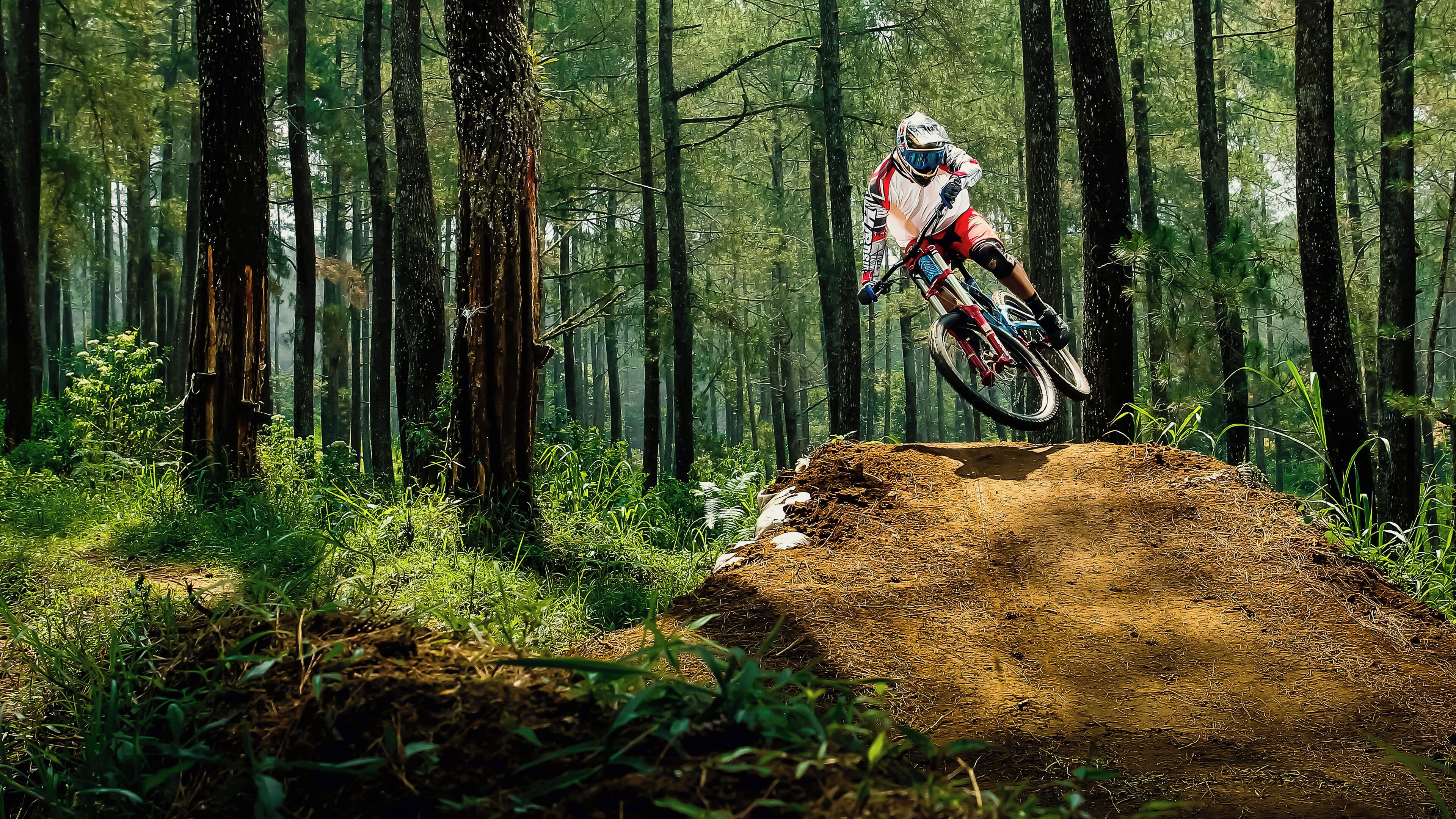 A mountain biker jumping over a dirt mound in a forest.