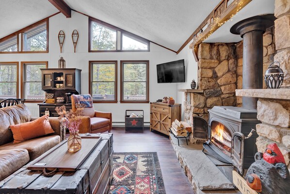 Smart TV, fireplace, video games, DVD player