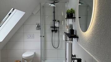 Shower, towels, soap, toilet paper