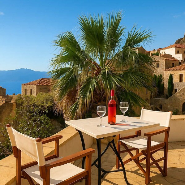Outdoor dining - Menexes Suites | Melica Suite Balcony w/ Sea View (Monemvasia)