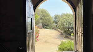 Un acceso a un área pavimentada con vistas a árboles y un cielo despejado.