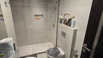 Hair dryer, towels, soap, toilet paper
