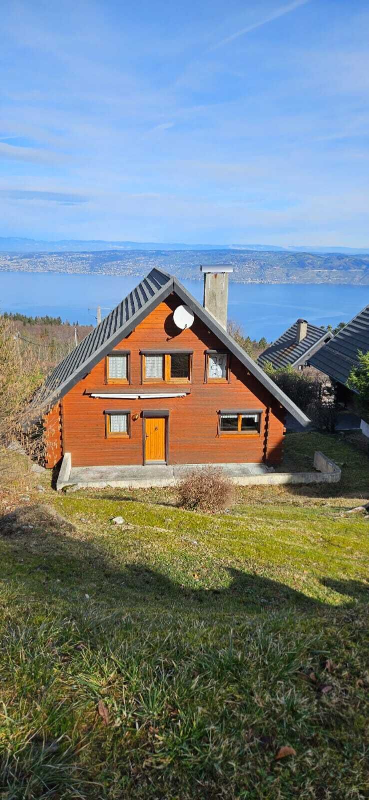 Une cabane en bois avec un toit en pente, une cheminée et une vue sur un lac et une ville lointaine.