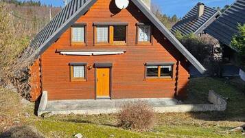 Une cabane en bois avec un toit en pente, une cheminée et une vue sur un lac et une ville lointaine.