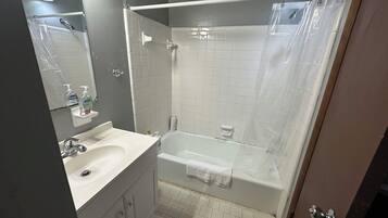 Hair dryer, towels, soap, shampoo