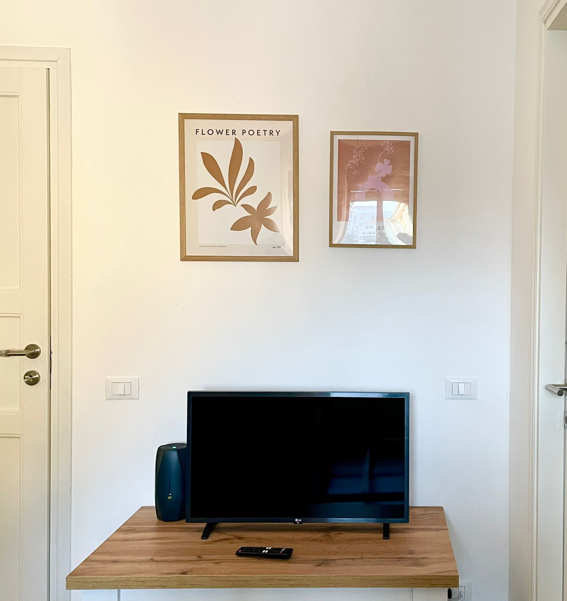 A room with a TV on a wooden stand, a speaker, and two framed artworks on the wall.