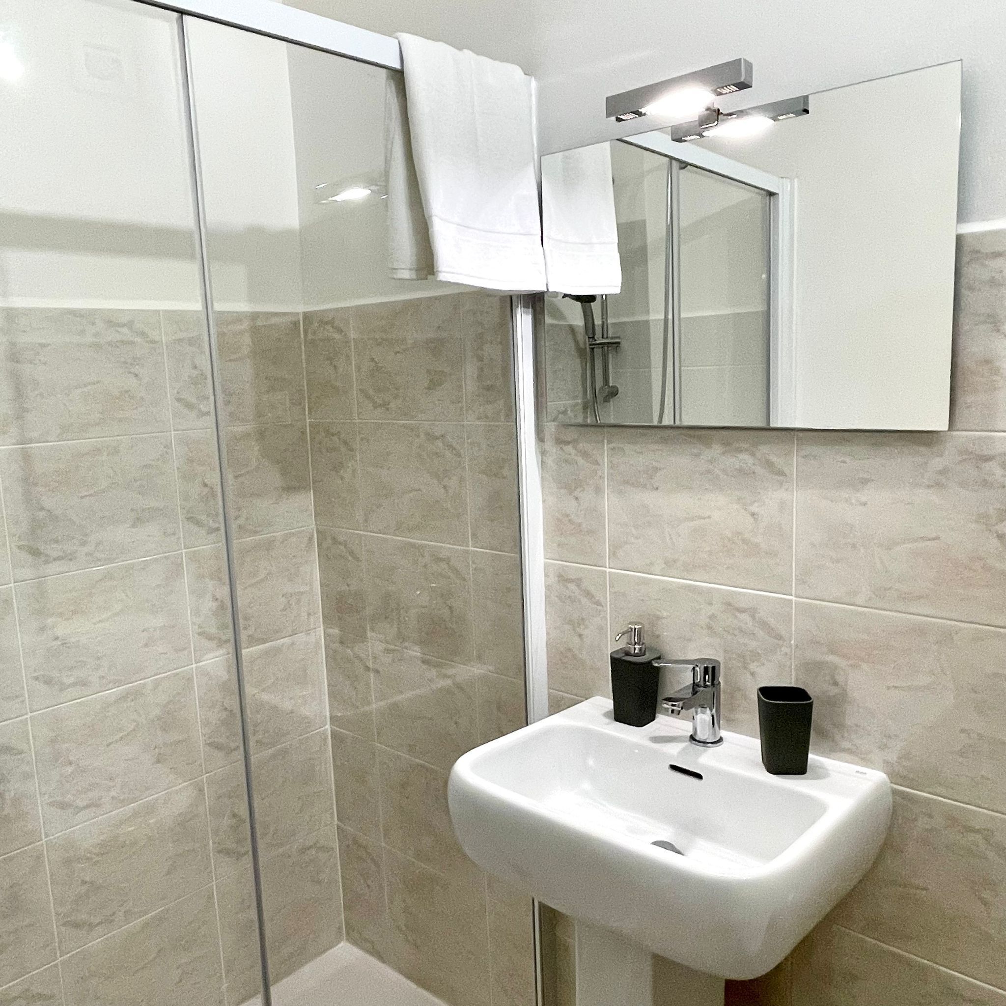 Une salle de bain avec une douche à parois de verre, un lavabo blanc et un miroir au-dessus du lavabo.