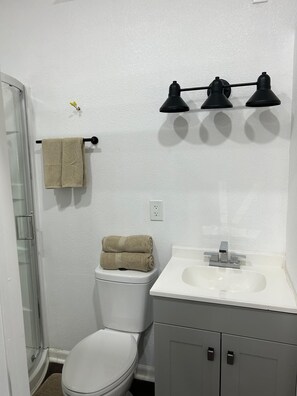 Een douche, handdoeken, toiletpapier