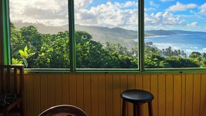 Ein Zimmer mit einem großen Fenster, das einen Blick auf eine tropische Landschaft bietet, darunter ein Strand und Berge.