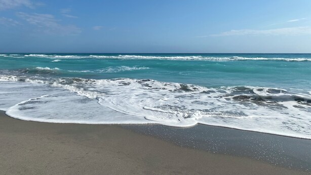 Une plage où les vagues se brisent sur le rivage sous un ciel dégagé.
