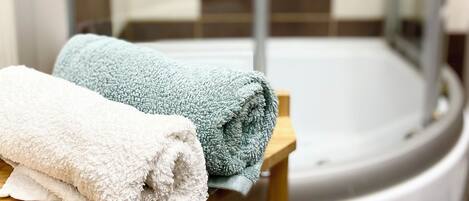 Shower, hair dryer, towels, soap