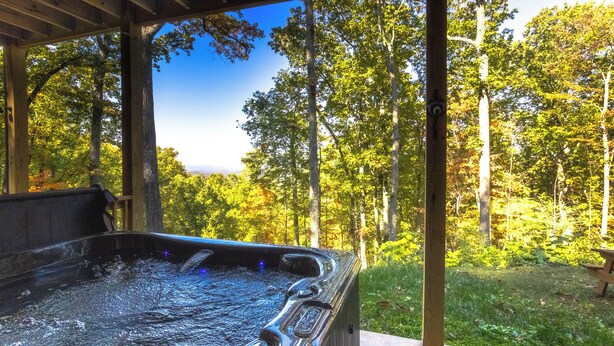 Ein Whirlpool mit Holzterrasse und Blick auf einen Wald.