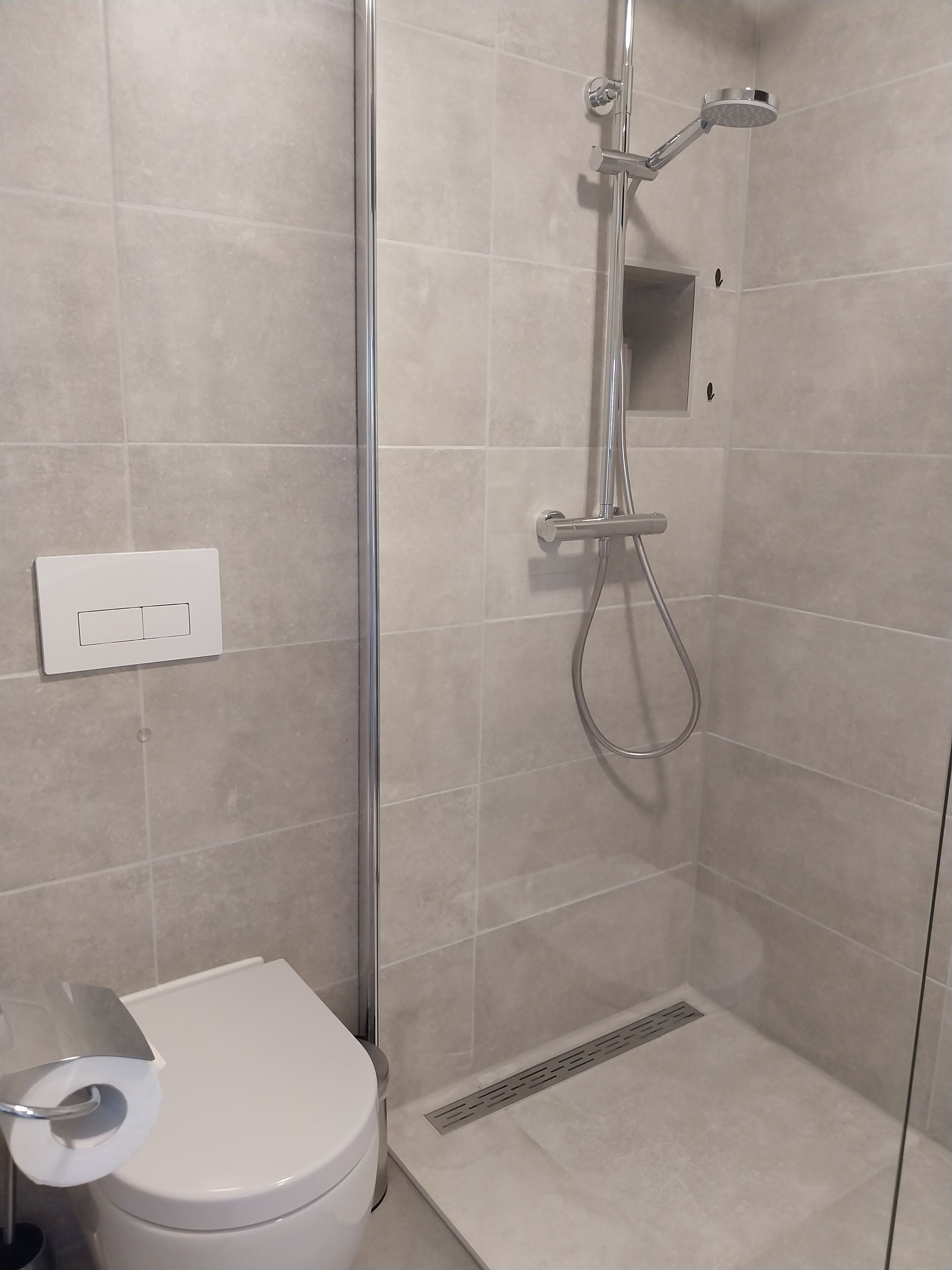 A modern bathroom with a glass-enclosed shower, a toilet, and a wall-mounted flush handle.