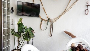 A room with a television mounted on the wall, a potted plant, and a decorative rope hanging from the ceiling. - Casa Jienense in the Sea of Olives (Pet Friendly) (Campillo del Río)