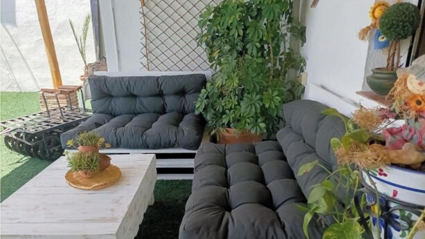 A cozy outdoor seating area with two grey cushioned sofas, a small table with a potted plant, and various potted plants and flowers around. - Casa Jienense in the Sea of Olives (Pet Friendly) (Campillo del Río)