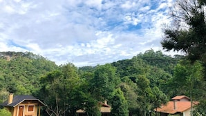 Paisaje rural con una casa rodeada de exuberante vegetación y colinas al fondo.