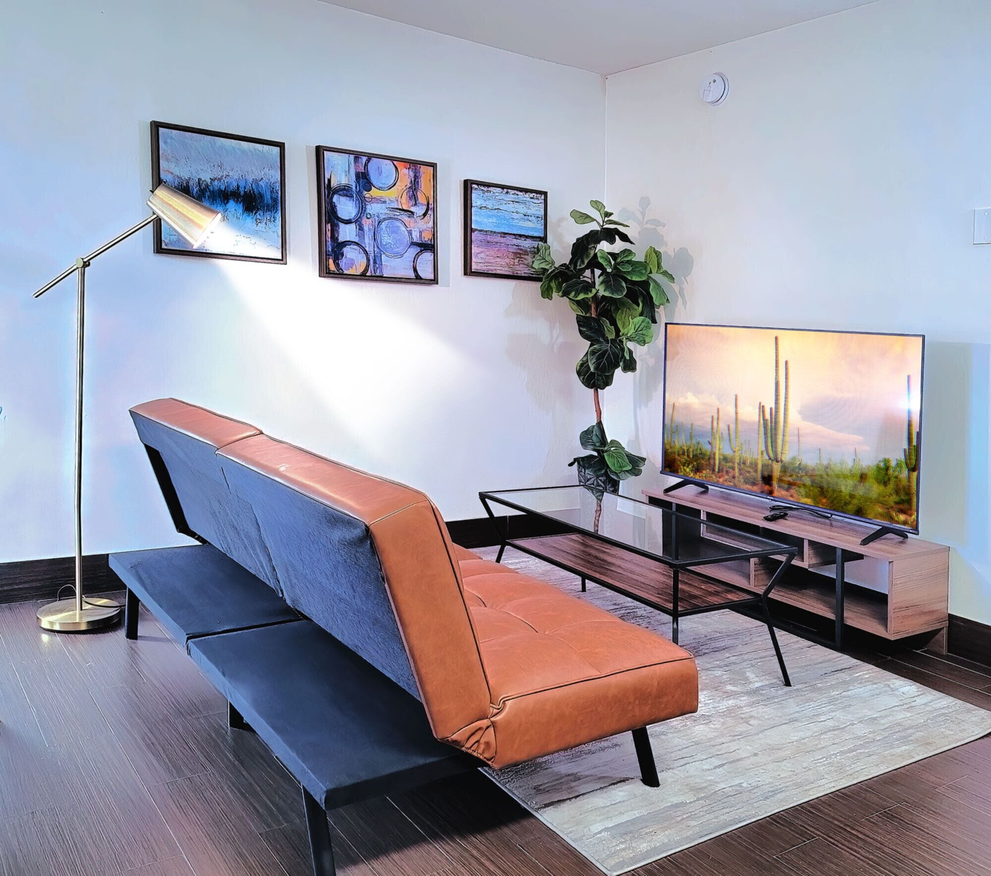 A modern living room with a sofa, a floor lamp, a TV, and framed artwork on the wall.