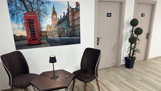 Ein Hotelzimmer mit einer großen Wandmalerei einer Stadtansicht, zwei Stühlen, einem kleinen Tisch, einer Lampe und einer Zimmerpflanze.