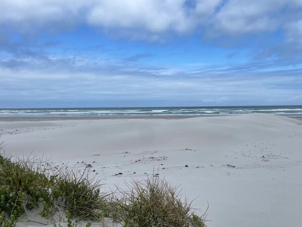 A beach with a wide sandy area and some vegetation in the foreground. - Spacious Beachfront Family Villa: Pool, Braai, Pizza Oven, 1-Min Walk to Beach (Cape Town)