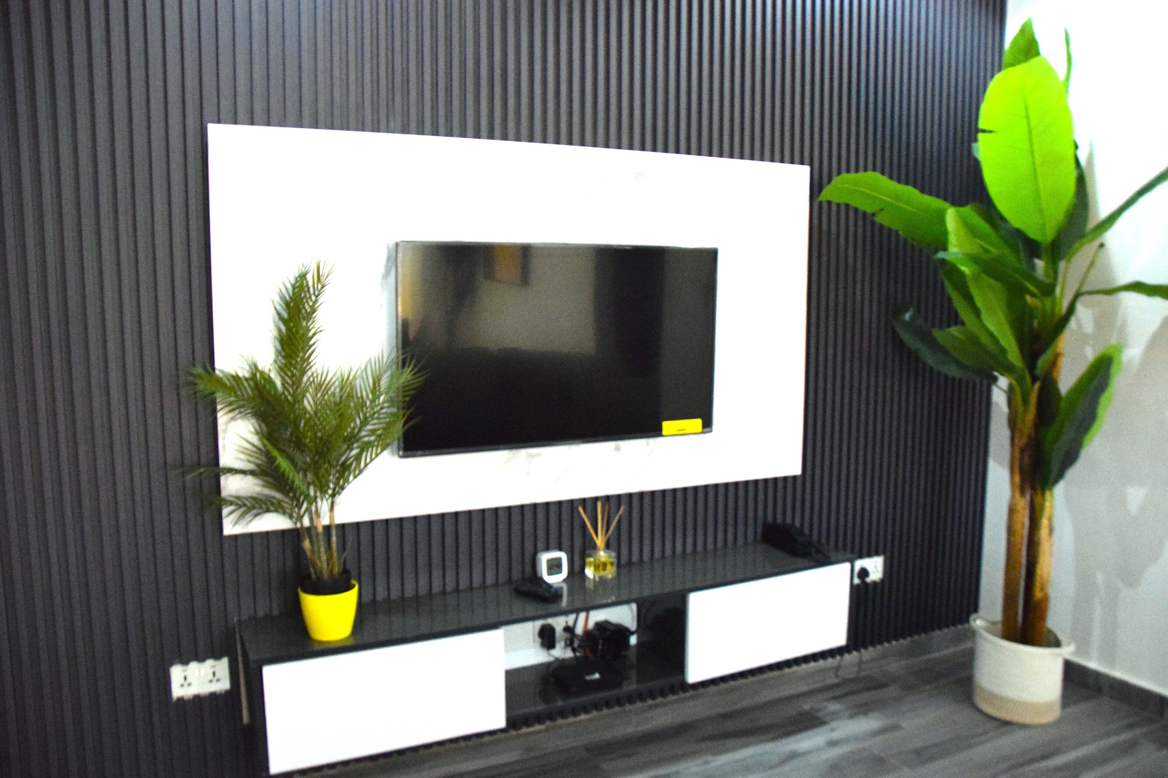 Un salon moderne avec un téléviseur à écran plat fixé sur un mur noir, une petite console sur laquelle est posée une plante en pot, et une grande plante en pot placée à côté du téléviseur.