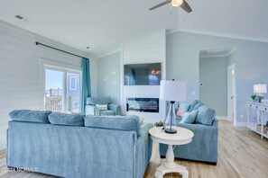 Smart TV, fireplace, books