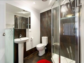 Ducha, secador de pelo, toallas, jabón