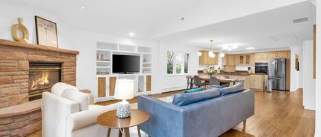 Smart TV, fireplace, books