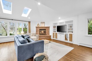 Smart TV, fireplace, books