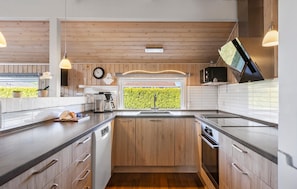 Fridge, stovetop, dishwasher, coffee/tea maker