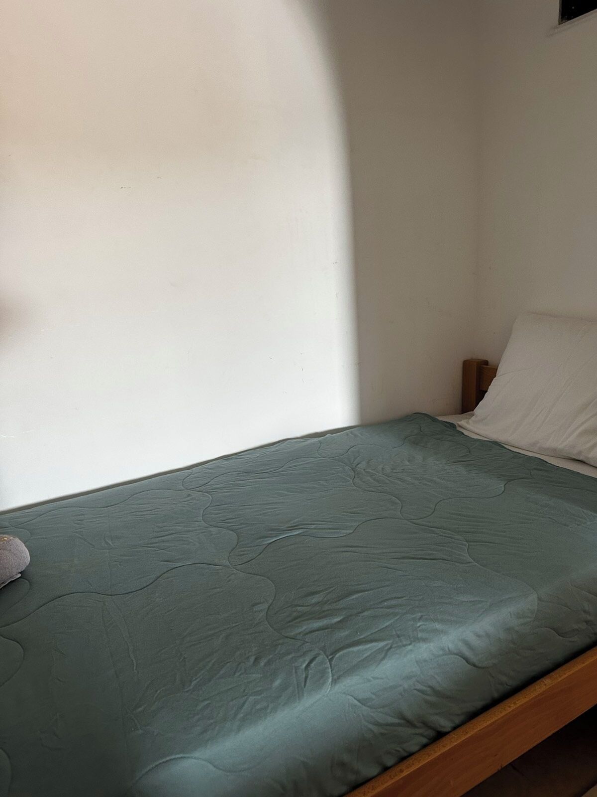 Een enkel bed met een groene matras en wit kussen in een kamer met effen witte wanden.