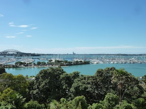 A marina with numerous boats docked, a bridge in the background, and lush greenery in the foreground. - Million Dollar View! (Auckland)