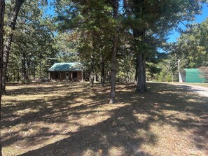 Une cabane surmontée d’un toit végétalisé, entourée d’arbres et baignée par un ciel dégagé.