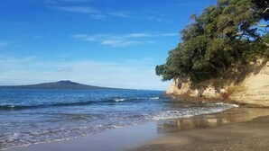 A beach with clear blue water, a sandy shore, and a cliff with dense vegetation.