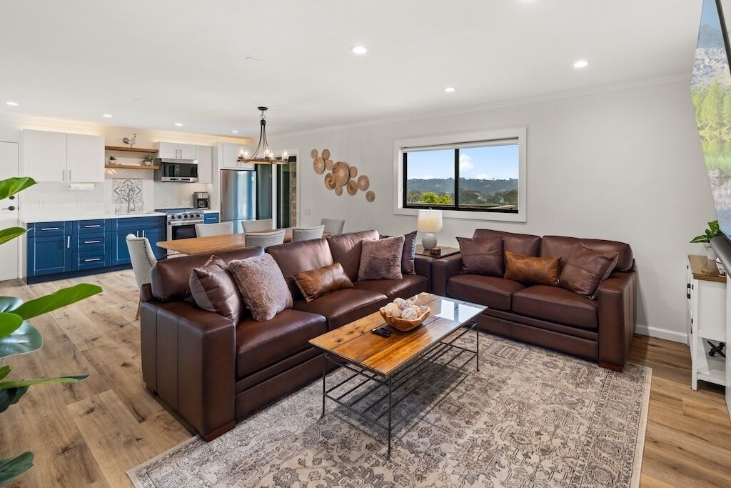 Smart TV, fireplace, books, stereo