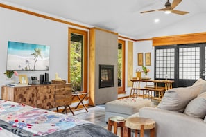 TV connectée, cheminée, livres