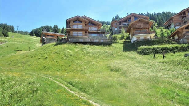 A row of wooden chalets with balconies, set on a grassy hillside with a clear blue sky. - Exquisite Apartment With Balcony (Veysonnaz)