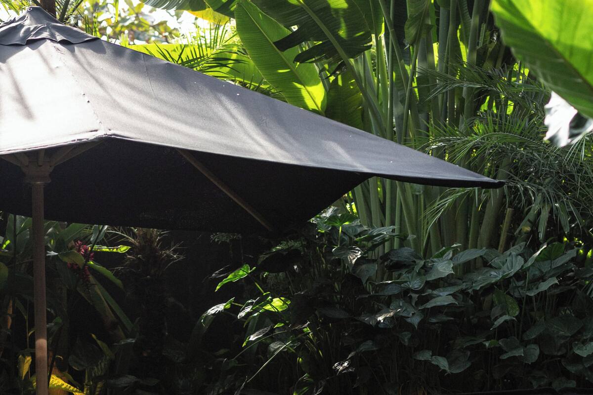 An outdoor seating area with a table and chairs, a sofa, and a large umbrella providing shade.