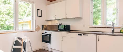 A modern kitchen with white cabinets, a stove, and a dishwasher. There are windows providing natural light and a view of greenery outside.