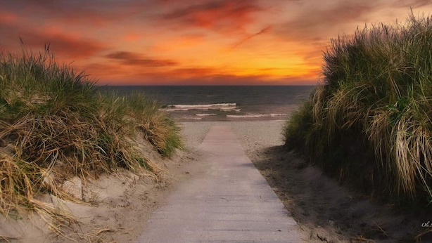 A pathway leading to the ocean with a sunset in the background. - 5 Person Holiday Home in Saeby (Sæby)