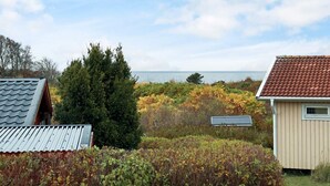 Ein Küstengrundstück mit Meerblick, eine große Nadelbaum und eine kleine Gartenhütte.