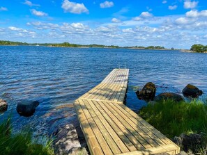 A wooden dock extending into a calm lake with clear skies.