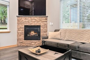 Smart TV, chimenea y libros 