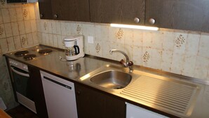 A compact kitchen with a dishwasher, a coffee maker, and a stainless steel sink. - Mystical Apartment With Mountain Views (Veysonnaz)