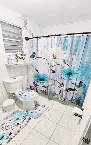 Dusche, Haartrockner, Handtücher, Seife