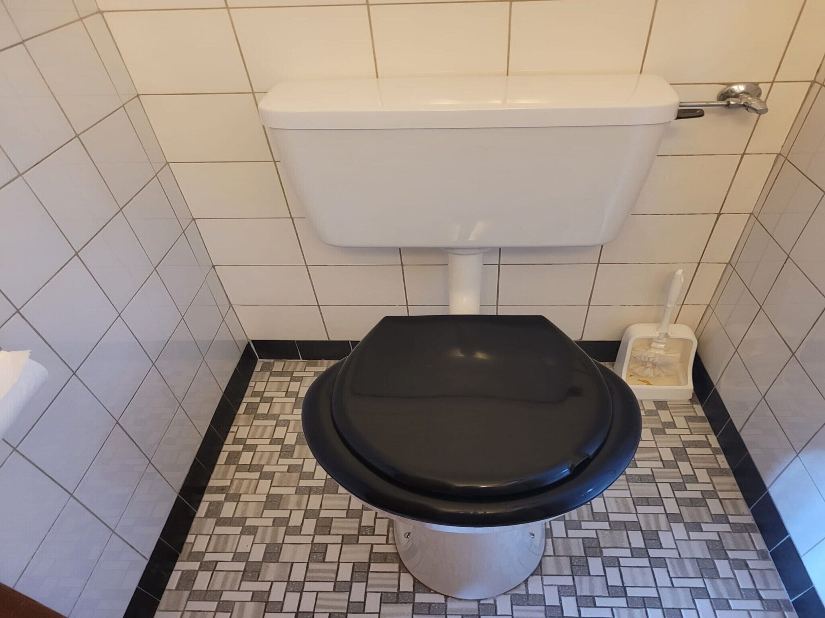Inodoro con asiento y tapa negros, paredes blancas y suelo de baldosas con borde negro.