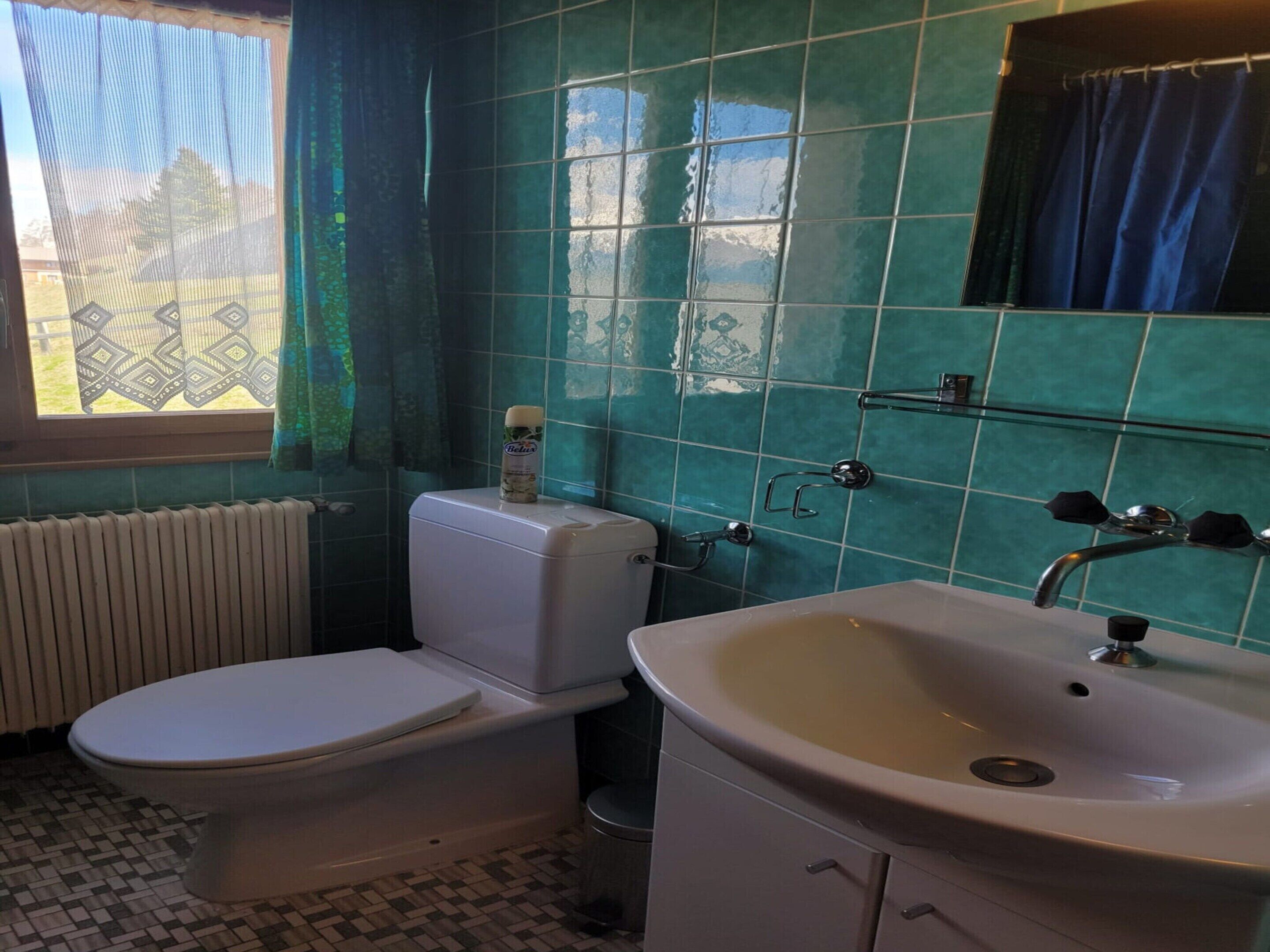A bathroom with a toilet, sink, and a window with curtains.