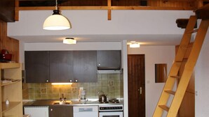 A kitchen with wooden beams, a hanging light fixture, a stove, and a dishwasher. - Extravagant Apartment With View (Sion)