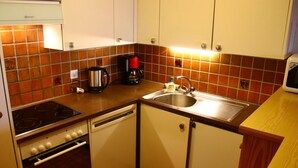A compact kitchen with a stove, oven, sink, and a microwave. - Apartment With Mountain Views (Sion)